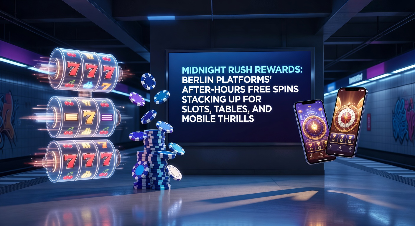Nächtliche Slot-Maschinen leuchten in einem Berliner Online-Casino, symbolisch für stacking Free Spins nach Mitternacht