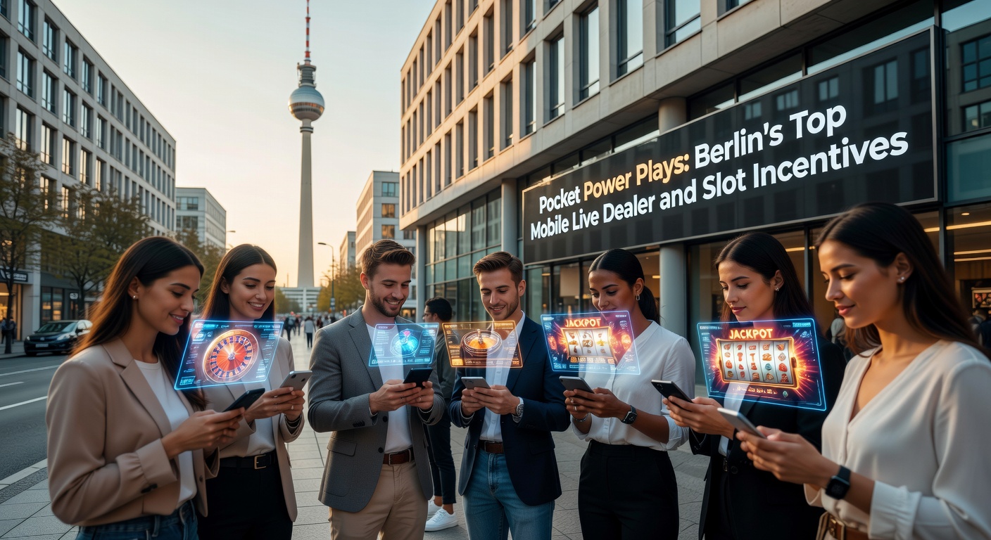 Smartphone mit Live-Dealer-Tisch und Slot-Maschinen auf hellem Berliner Hintergrund, symbolisiert mobile Casino-Power in der Hauptstadt
